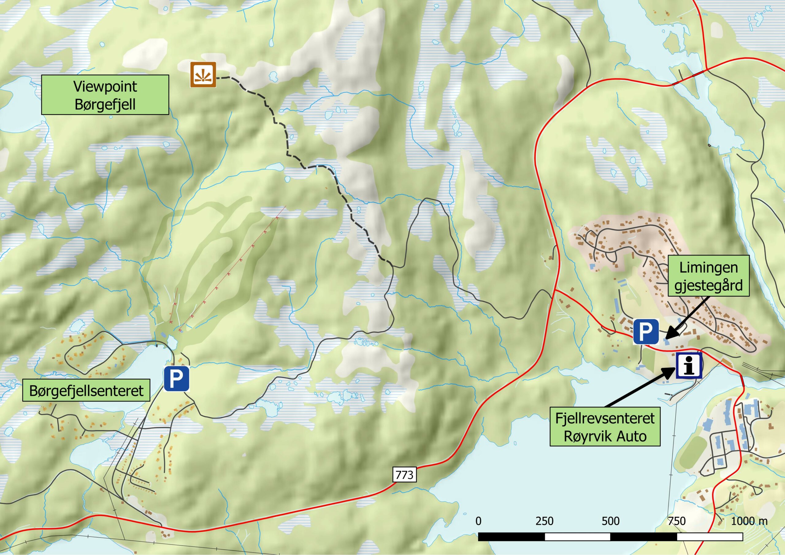 Kart som viser turen til Viewpoint Børgefjell