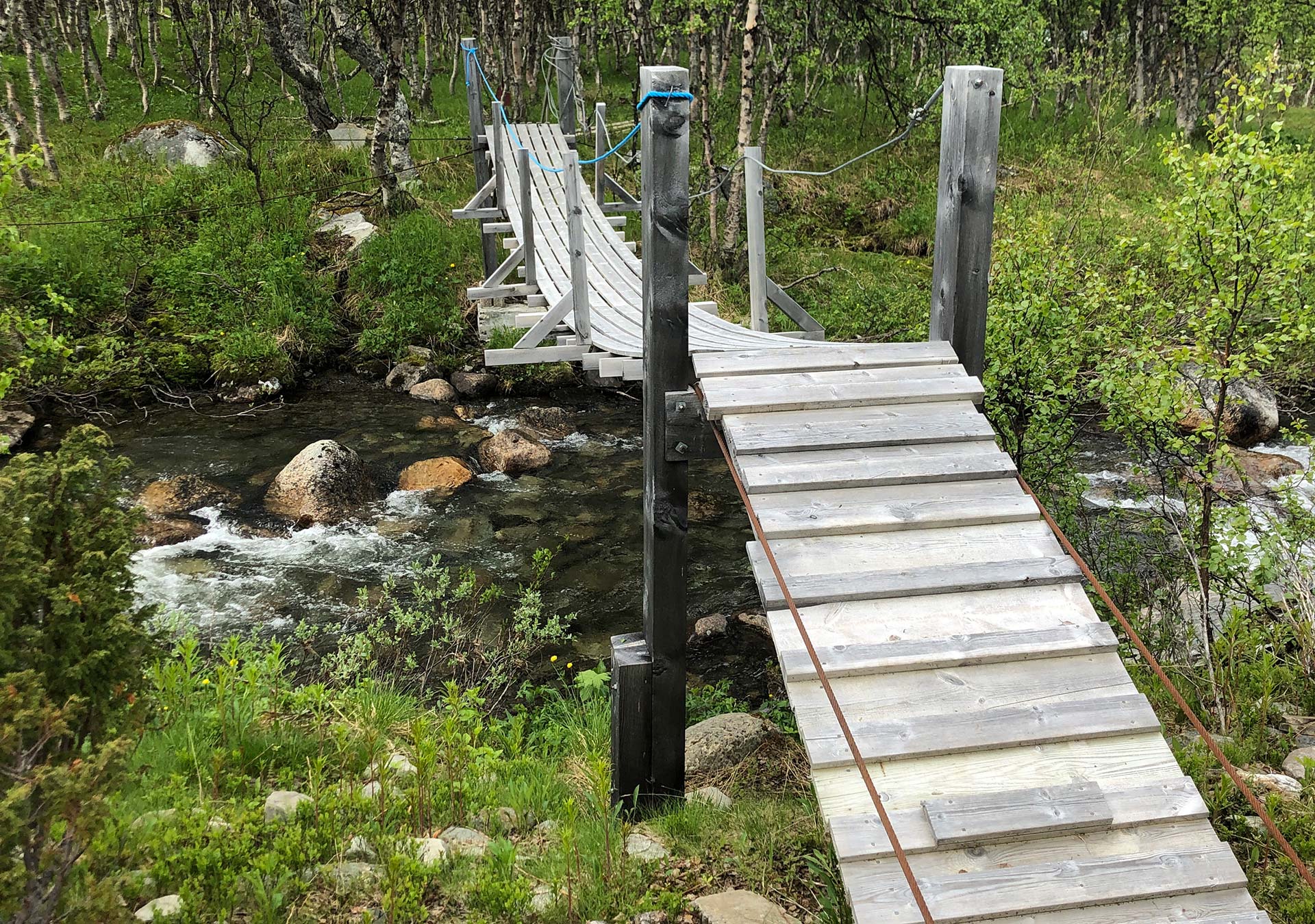 Hängebrücke über Skibekken in Austre Tiplingan