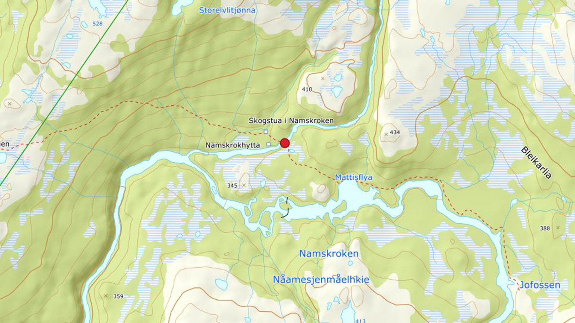 Map showing the location of the bridge over the Storelva in Namskroken