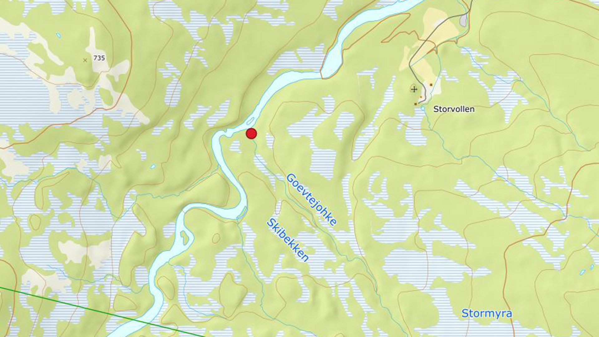 Map showing the location of the bridge over Skibekken.