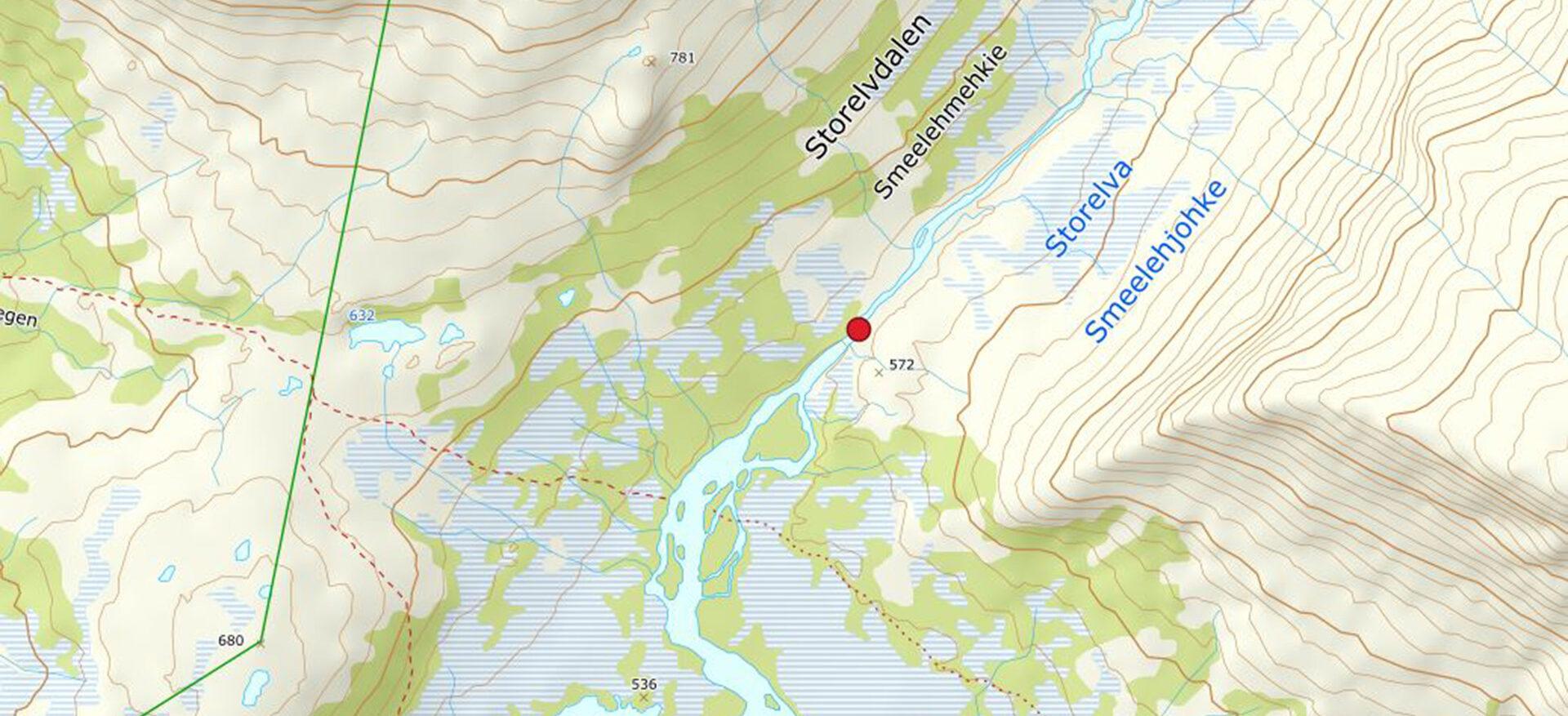 Kart som viser plassering av bru over Storelva i Storelvdalen