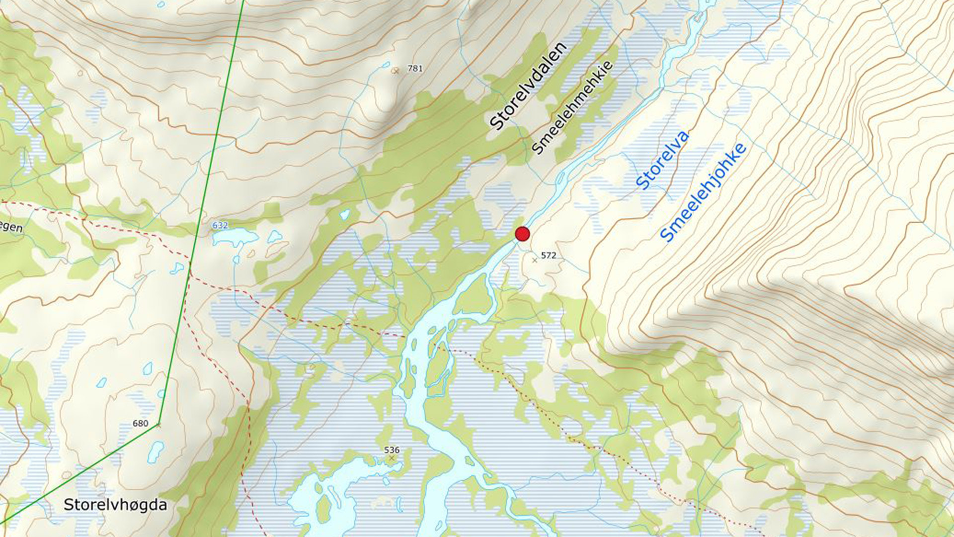 Kart som viser plassering av bru over Storelva i Storelvdalen